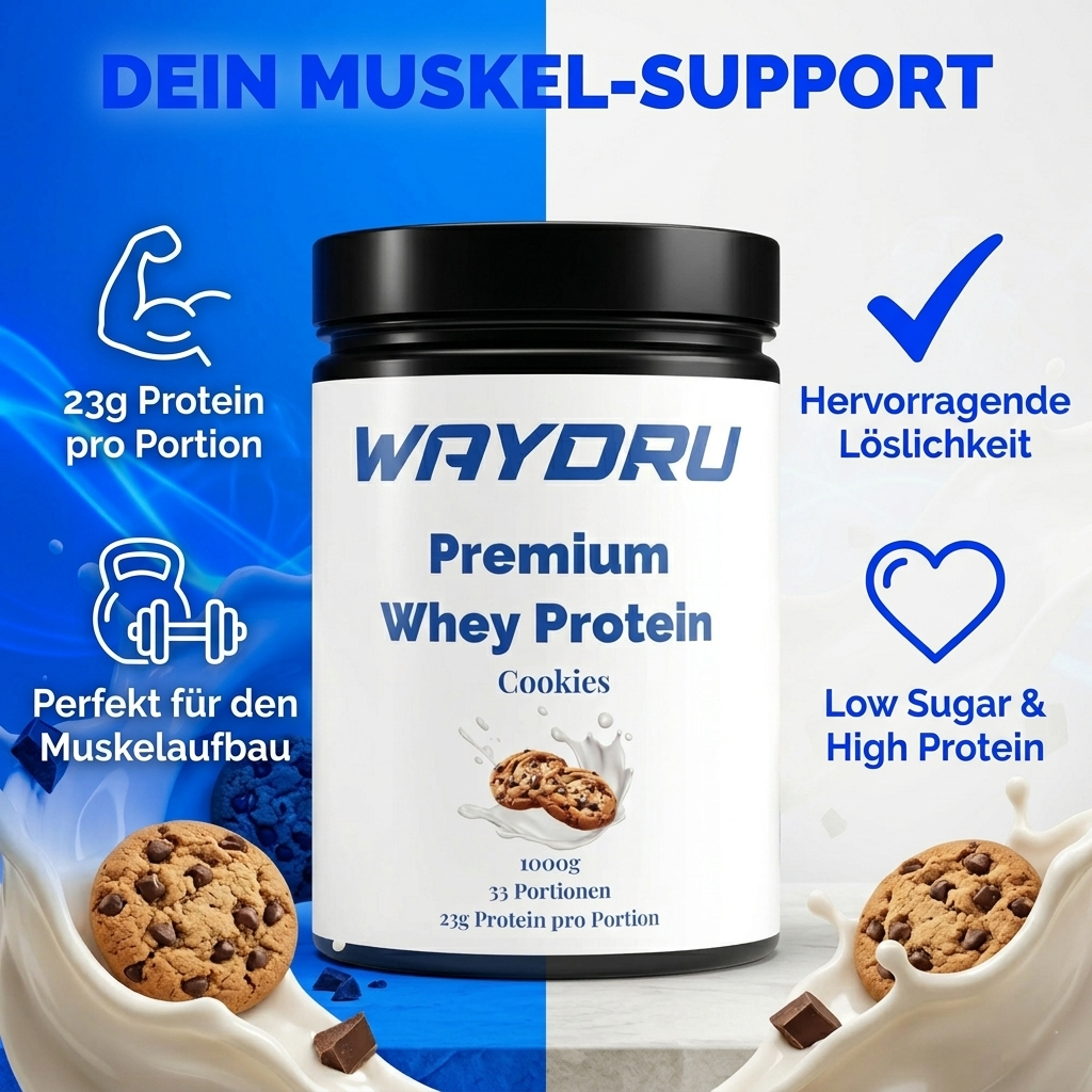 Vorteile von WAYDRU Whey Protein: Muskelaufbau, 23g Eiweiß, Low Sugar.