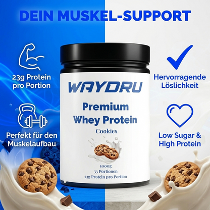 Vorteile von WAYDRU Whey Protein: Muskelaufbau, 23g Eiweiß, Low Sugar.