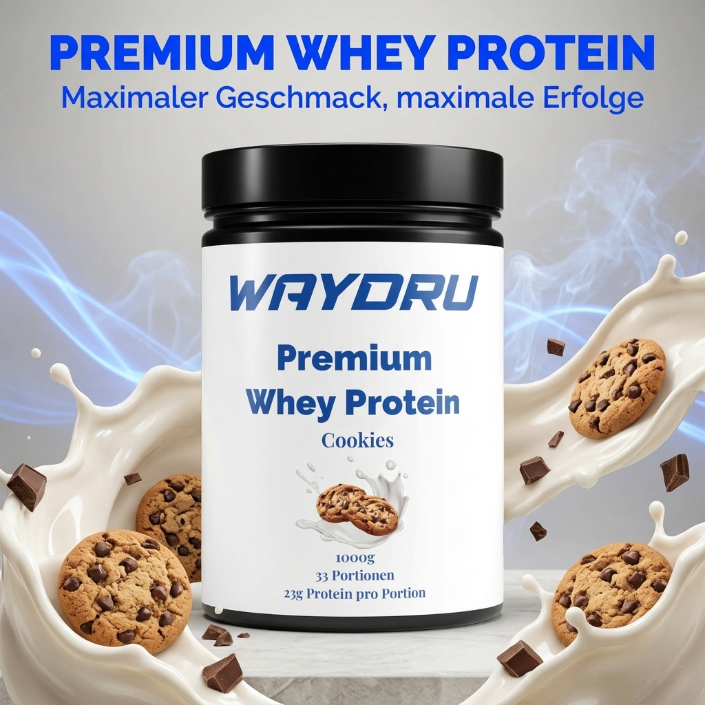 WAYDRU Premium Whey Protein Cookies 1kg Dose mit Milch-Splash.
