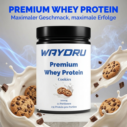 WAYDRU Premium Whey Protein Cookies 1kg Dose mit Milch-Splash.