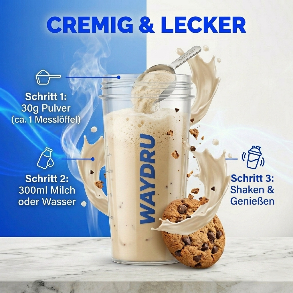 Cremiger WAYDRU Protein Shake mit Cookie-Geschmack zubereitet.