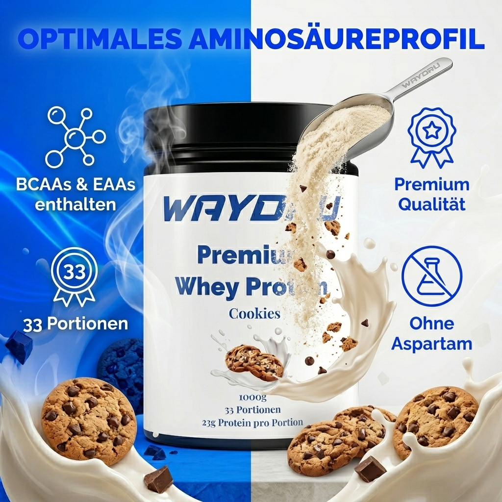 Detailansicht des Whey Pulvers mit Aminosäuren und Cookie-Stückchen.
