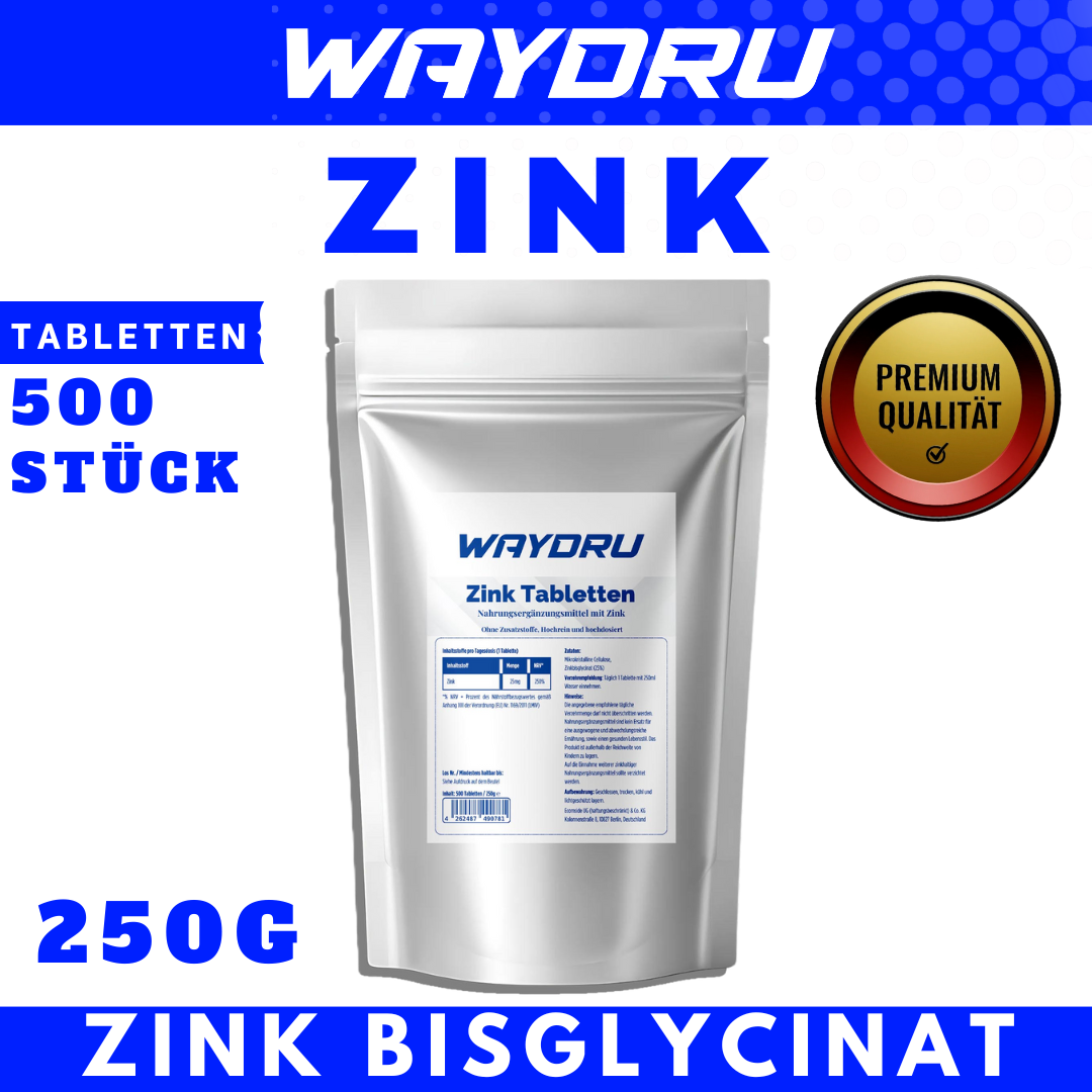 WAYDRU Zink Tabletten – Hochreines Nahrungsergänzungsmittel mit 25 mg Zinkbisglycinat pro Tablette, hochdosiert & ohne Zusatzstoffe, Beutel mit 500 Tabletten (250 g)