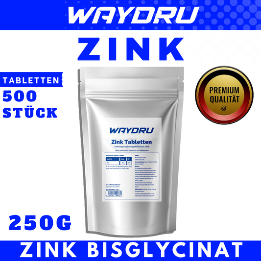 WAYDRU Zink Tabletten – Hochreines Nahrungsergänzungsmittel mit 25 mg Zinkbisglycinat pro Tablette, hochdosiert & ohne Zusatzstoffe, Beutel mit 500 Tabletten (250 g)