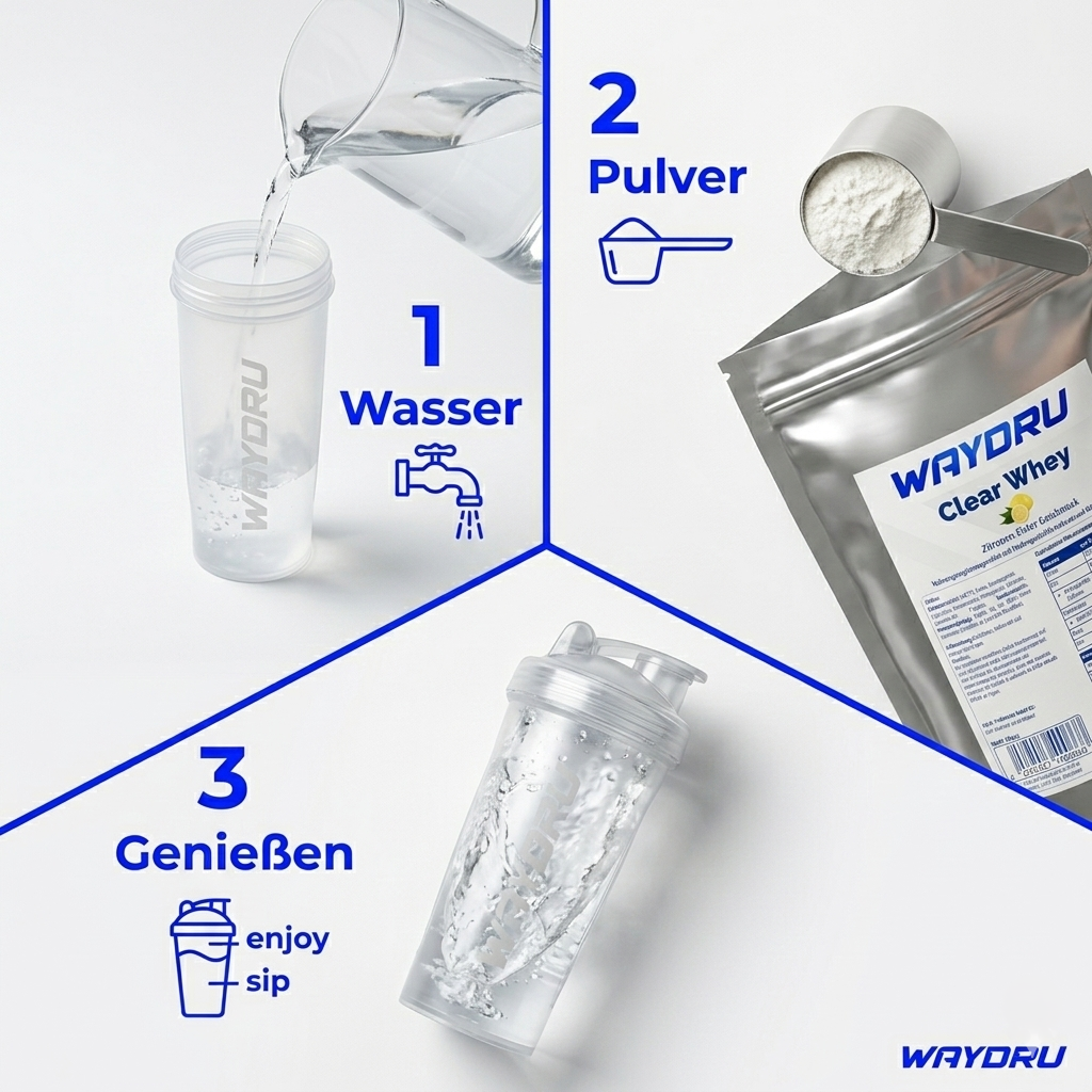Schritt-für-Schritt Anleitung zur Zubereitung von WAYDRU Clear Whey: Wasser einfüllen, Pulver dazu, shaken und genießen.